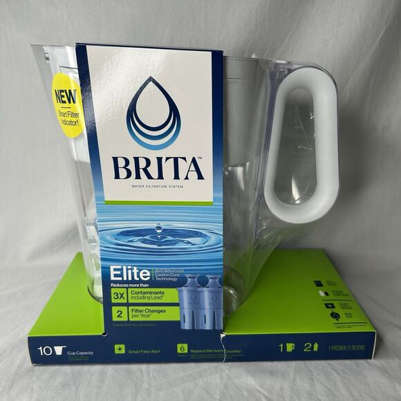 Brita Large 10 Cup Water Pitcher + 2 Elite LongLast+ Filters Last 6 Months Each - Picture 1 of 6